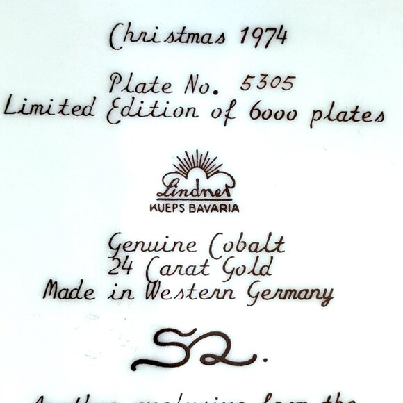 1974 Lindner “Peace on Earth” Blue 24K Gold Christmas Plate, H.H. Lihs, Germany - Picture 9 of 10
